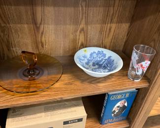 Amber Depression Glass Serving Plate - Wedgewood Country Blue Soup Bowl - Souvenir Hockey Glass