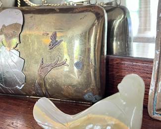 Brass copper metal vintage purse, Onyx bird