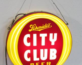 Vintage Schmidts City Club Beer Light Up Sign Double Sided, Working Condition, 14 1/2 inches round, Schmidts Brewing, St. Paul, Minnesota