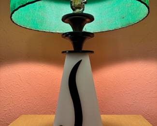 Incredible 1950’s Moss Lighting Co. black & white acrylic table lamp with large vintage green & black fiberglass shade