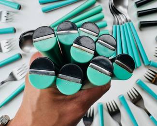 Vintage Crown Corning turquoise & black flatware set