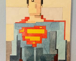 Adam Lister ‘Man of Steel’ 8-bit pixelated watercolor print on canvas