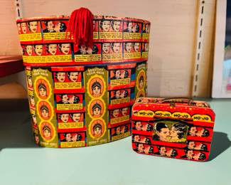 Vintage decoupaged box and small ‘suitcase’ box with 1930’s advertising labels