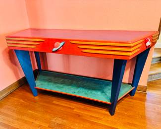 One of Kind custom made Atomic themed console table. This was made for the former Sister Fun Boutique