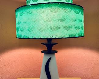 Incredible 1950’s Moss Lighting Co. black & white acrylic table lamp with large vintage green & black fiberglass shade
