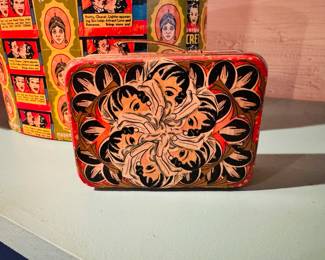 Vintage decoupaged box and small ‘suitcase’ box with 1930’s advertising labels