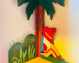 Vintage folk art painted wood corner shelf