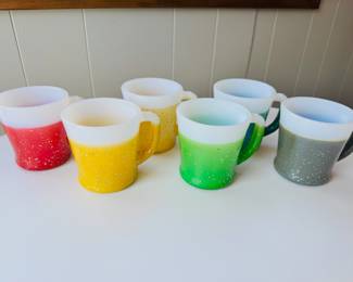 Set of 6 vintage Fire King Glamalite rubber coated glitter coffee mugs