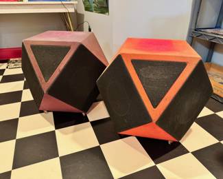 Incredibly rare pair of vintage La Mon, Inc. Astro-Sound dodecahedron (12-sided) speakers on rolling wheels. These have not been tested and will be sold as a pair