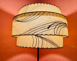 Fun vintage black & brass tripod floor lamp with large vintage three-tier fiberglass shade