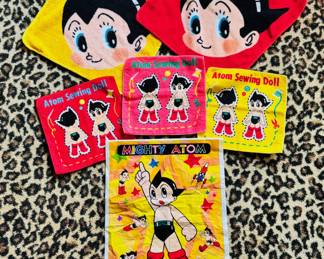 Vintage Mighty Atom Astro Boy towels, three New With Tags sewing dolls and plastic shopper bag