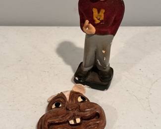 Extremely Rare University of Minnesota chalkware sports guy and wood carved Goldy Gopher pin with leather ears. The pin back is broken off