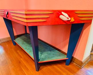 One of Kind custom made Atomic themed console table. This was made for the former Sister Fun Boutique