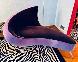 Super unique vintage fainting couch/settee in two-tone aubergine with curved stainless steel legs