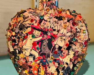 Very cool vintage decoupage glass vase with a great assortment of 1950’s cutouts and Super Hero’s