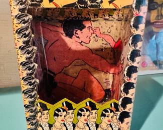 Unique vintage glass vase decoupaged with 1930’s True Love 6 Way Jockey Club Hair Dressing Valmor labels and fun boxing scene on the interior