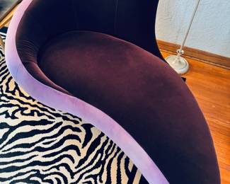 Super unique vintage fainting couch/settee in two-tone aubergine with curved stainless steel legs