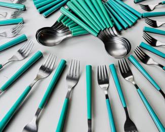 Vintage Crown Corning turquoise & black flatware set
