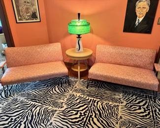 Amazing 1950’s Dan Johnson for Pacific Iron two-piece sofa set in pink boomerang vinyl upholstery