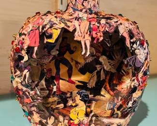 Very cool vintage decoupage glass vase with a great assortment of 1950’s cutouts and Super Hero’s