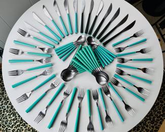 Vintage Crown Corning turquoise & black flatware set