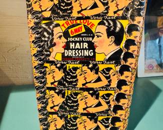 Unique vintage glass vase decoupaged with 1930’s True Love 6 Way Jockey Club Hair Dressing Valmor labels and fun boxing scene on the interior