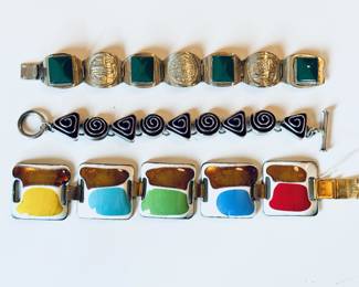 Vintage Taxco (Top), very cool sterling (Middle) and unique enamel (Bottom) bracelets