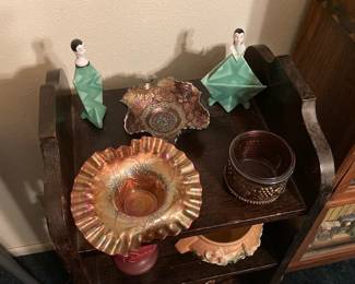 deco perfume pieces and vintage carnival glass