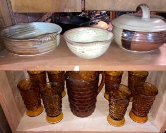 ceramic pottery and Fostoria amber pitcher and glasses
