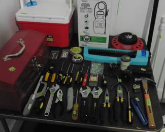 Hand Tools, Cooler, Yard Sprayer, Sprinkler and Tool Box.