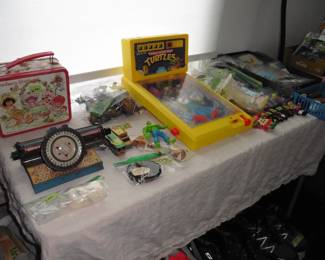 Vintage Toys, Strawberry Shortcake Lunch Box, Portable Typewriter and Teenage Mutant Ninja Turtles Pinball Machine