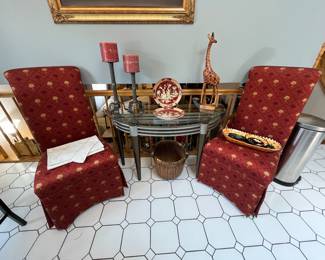 Upholstered slipper chairs and another glass occasional table!