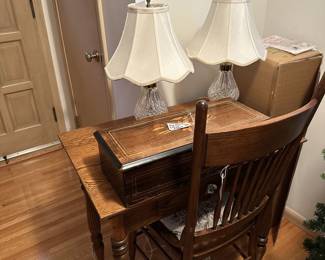 Mandoline Zither music box, Waterford crystal lamps, antique desk and chairs