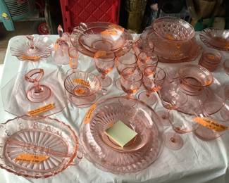 More pink depression pieces…includes a one cup measuring cup stamped Kellogg as it was a promotional give away
