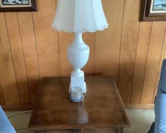 The square end table measures 27”: sq and 20” h. The lamp is 36” h.