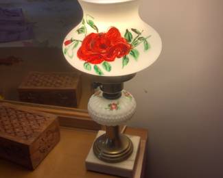 Pr of milk glass lamps with rose shade.