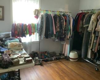 Vintage culottes, scarves, tops, dresses and also other clothing, shoes, purses, dresser boxes, vintage hairdryer