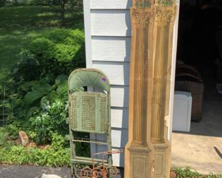 Cement pumpkins, vintage green metal chairs, pillar covers