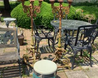 Antique fan, two large antique metal candle holders