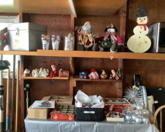 Display of Christmas items, vintage ornaments and shiny brites