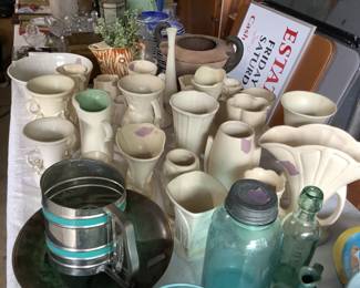 Several pieces of white pottery, turquoise ball jars, older flour sifter