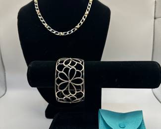 Tiffany 18k & Sterling Chain and Tiffany Petals Collection Sterling and Diamond Cuff Bracelet
