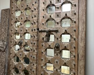 Antique Southeast Asian Mirrored Double Doors with Exquisite Carved Frame and Lintels
