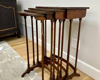 Set of 4 early 19th century burled walnut, ebony & satinwood nesting tables