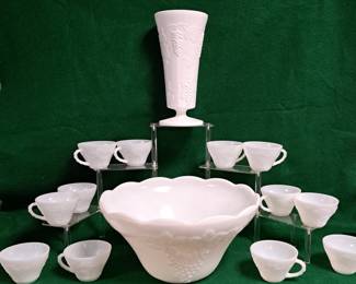 MILK GLASS PUNCH BOWL CUPS VASE