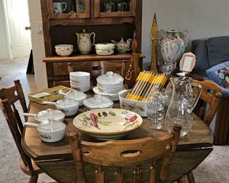 Corning ware, vintage amber decanter, Hall Jewel Tea pieces,