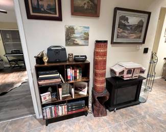 Mid-century style mosaic floor or hanging swag lamp is amazing and the swirl carved wooden table below it is a serious statement piece!
