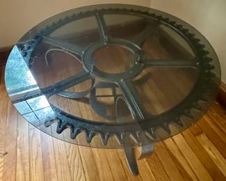 Antique farm equipment, coffee/side table.