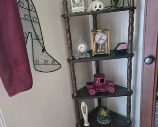 Corner shelf, clocks, & Figures
