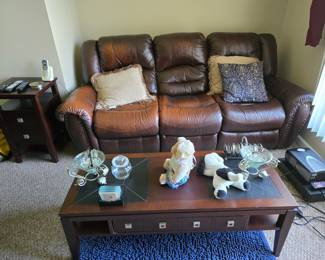 Leather Couch, Coffee Table, Side Table & Decor